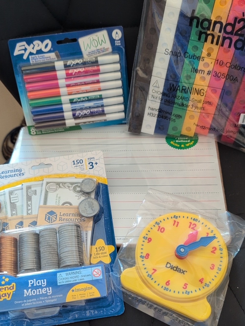 New Double White  Board,  Dry Erase Markers. Money, Snap Cubes And Clock